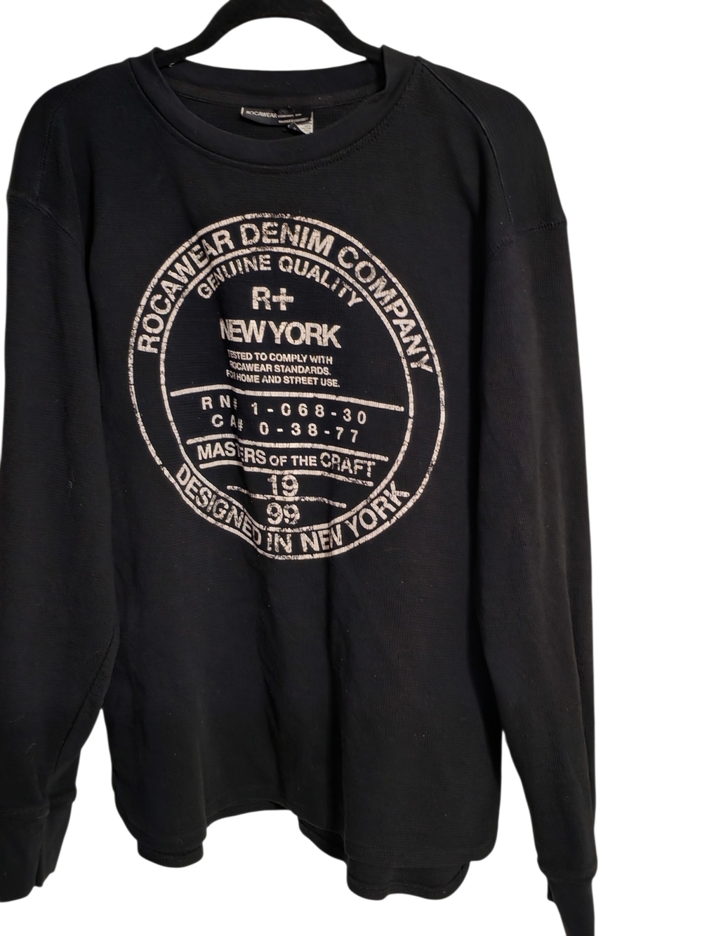 Vintage Y2K Rocawear Waffle Knit Thermal Sweatshirt Mens Large Black 1999